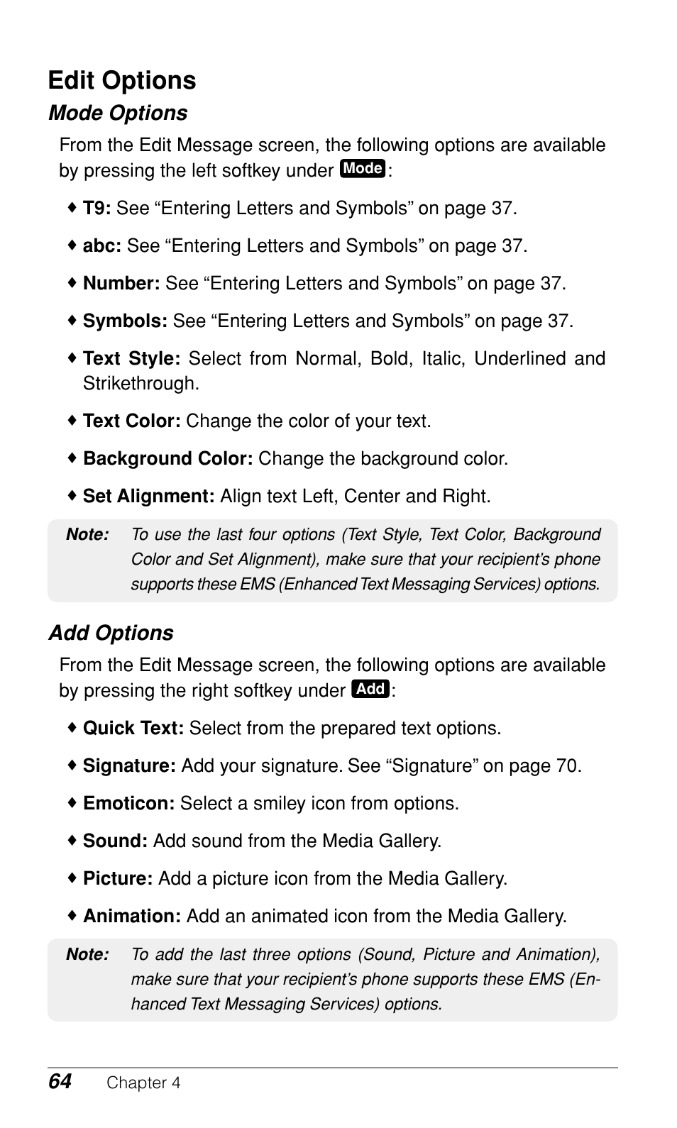 Edit options, Mode options, Add options | Audiovox CDM-9900 User Manual | Page 66 / 162