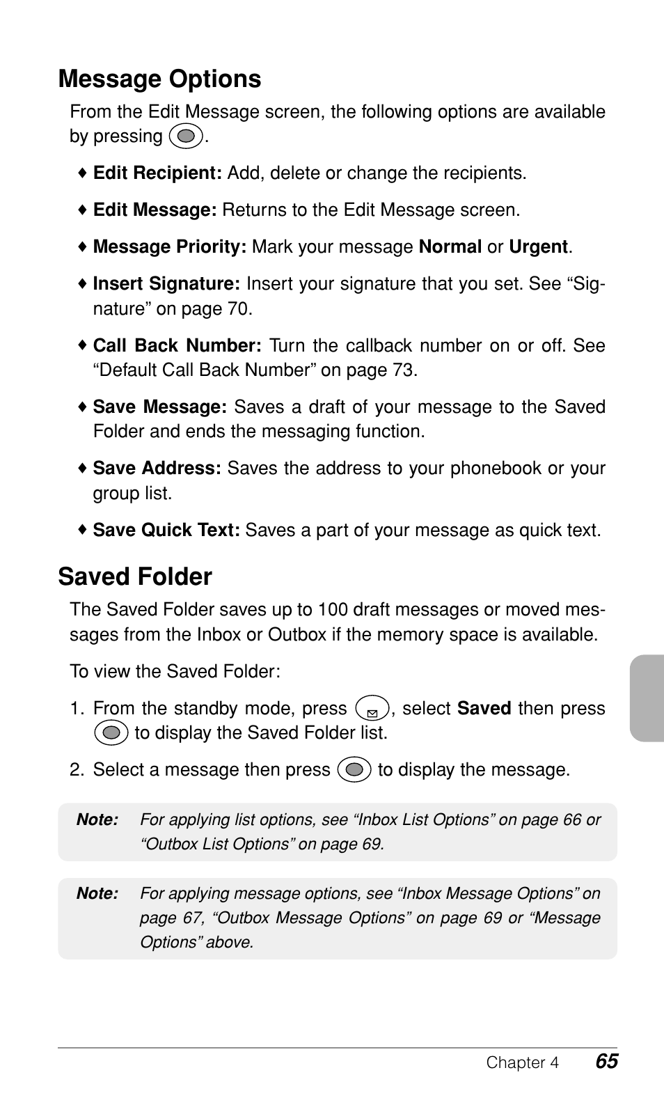 Message options, Saved folder | Audiovox CDM-9900 User Manual | Page 67 / 162