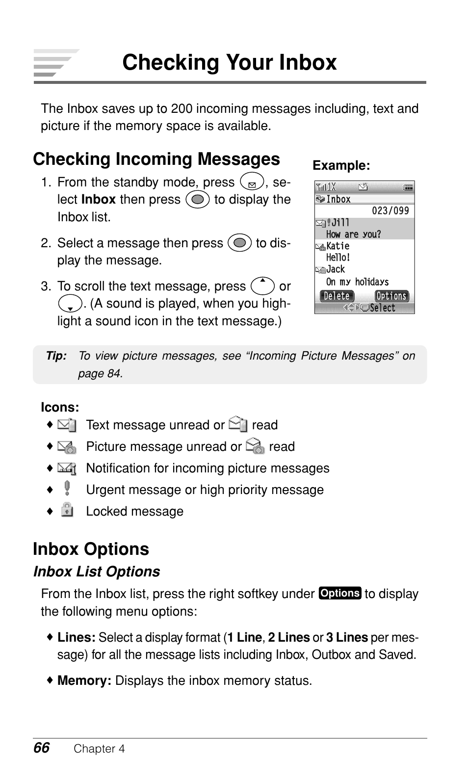 Checking your inbox, Checking incoming messages, Inbox options | Inbox list options | Audiovox CDM-9900 User Manual | Page 68 / 162