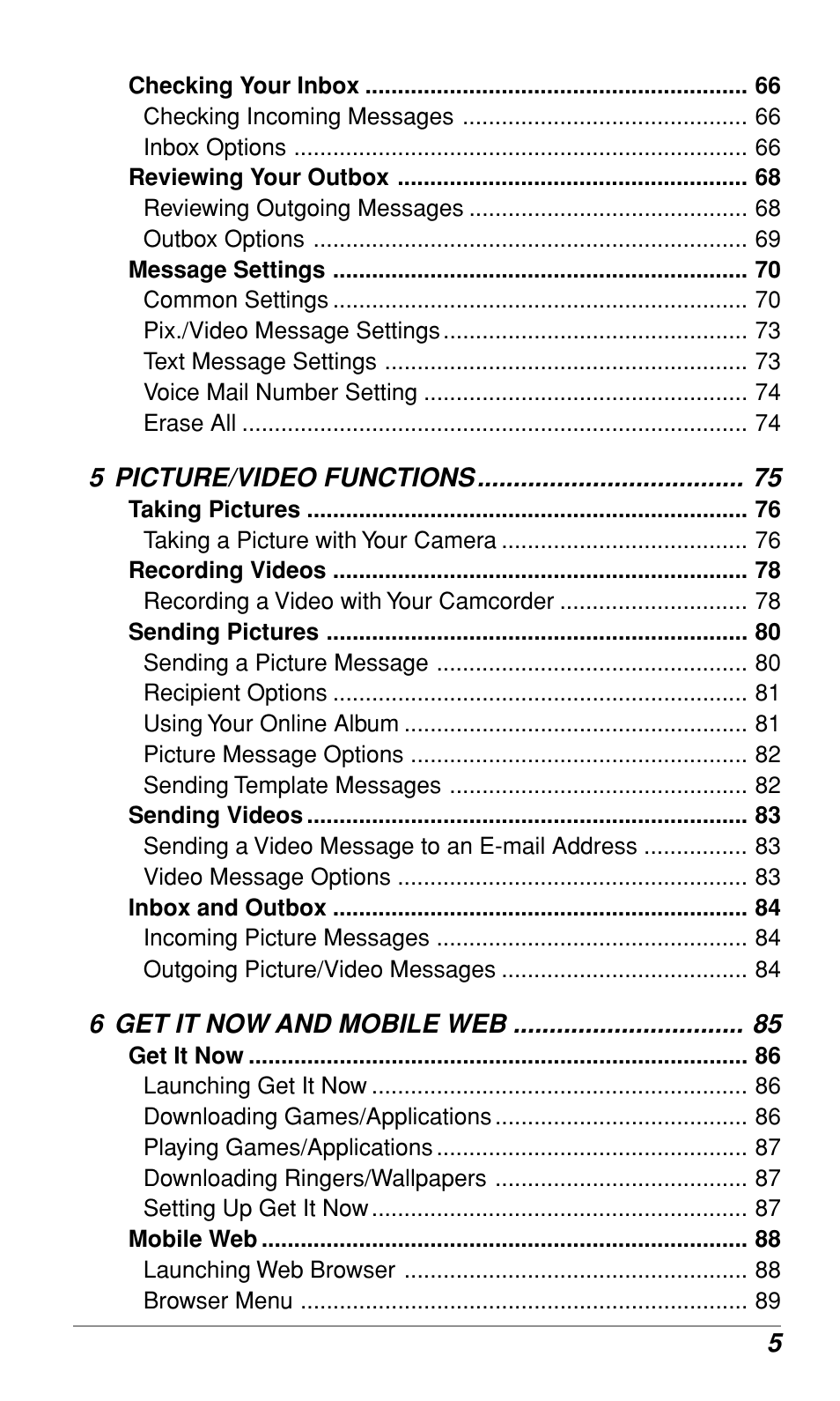 5 picture/video functions, 6 get it now and mobile web | Audiovox CDM-9900 User Manual | Page 7 / 162