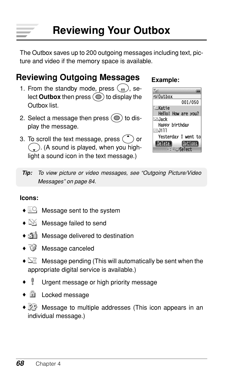 Reviewing your outbox, Reviewing outgoing messages | Audiovox CDM-9900 User Manual | Page 70 / 162