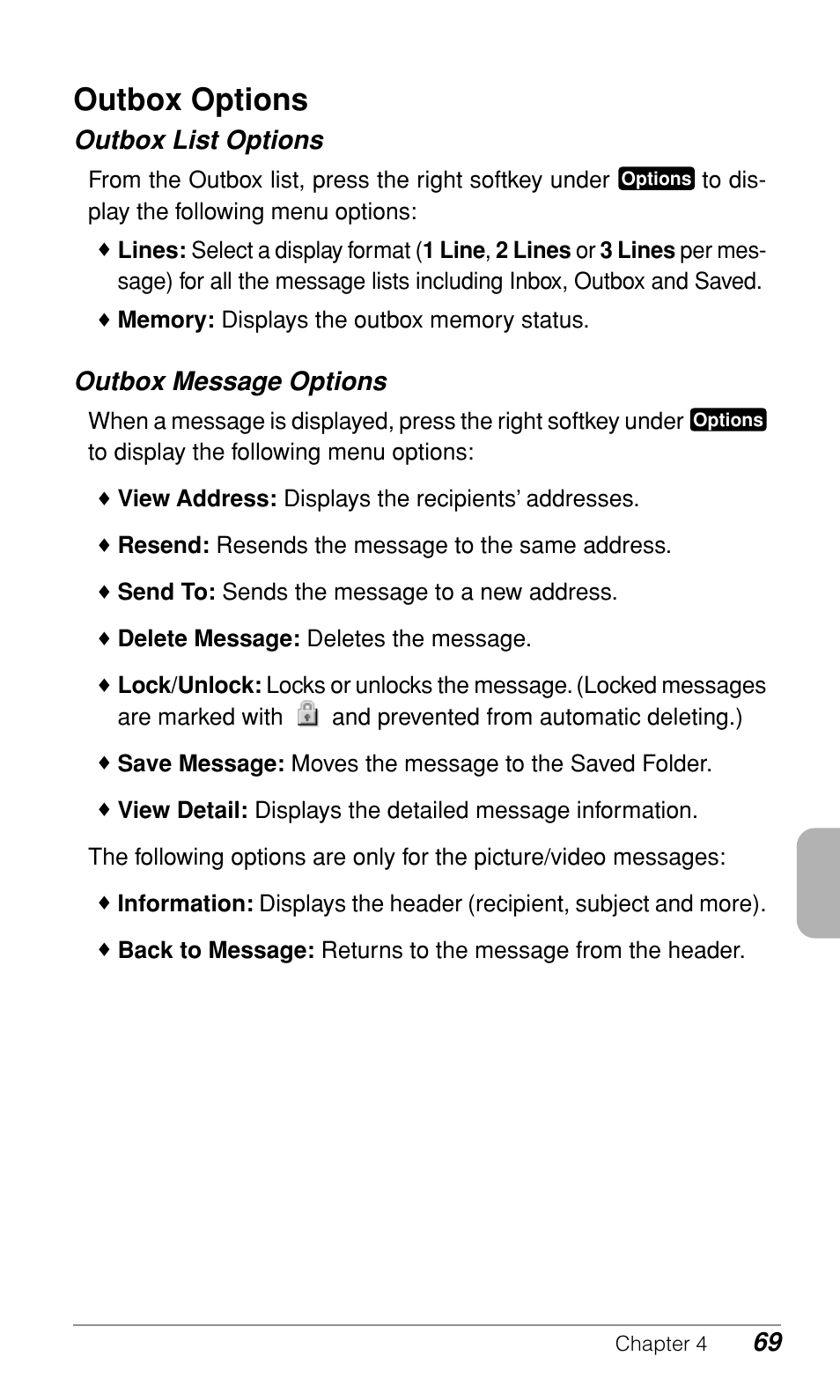 Outbox options, Outbox list options, Outbox message options | Audiovox CDM-9900 User Manual | Page 71 / 162
