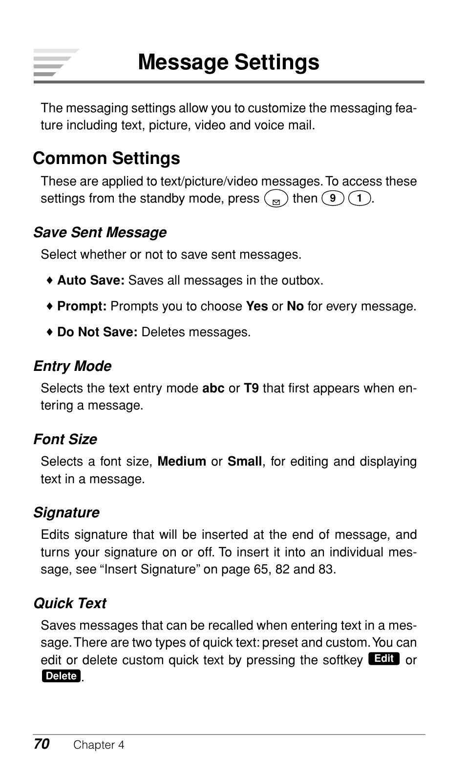 Message settings, Common settings | Audiovox CDM-9900 User Manual | Page 72 / 162