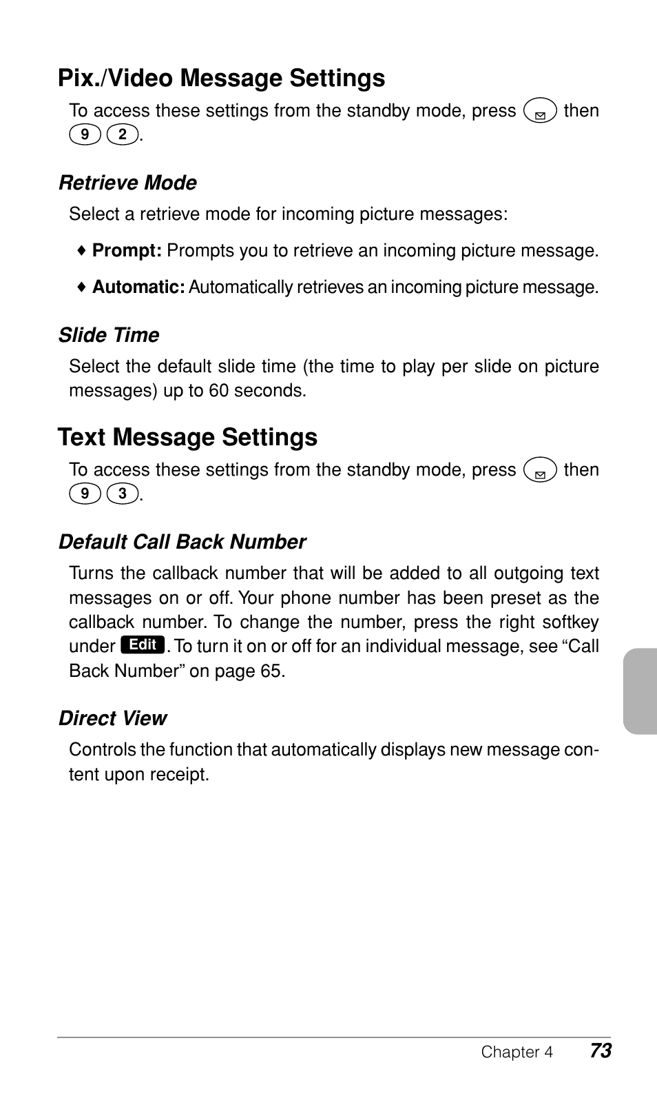 Pix./video message settings, Text message settings, Retrieve mode | Slide time, Default call back number, Direct view | Audiovox CDM-9900 User Manual | Page 75 / 162