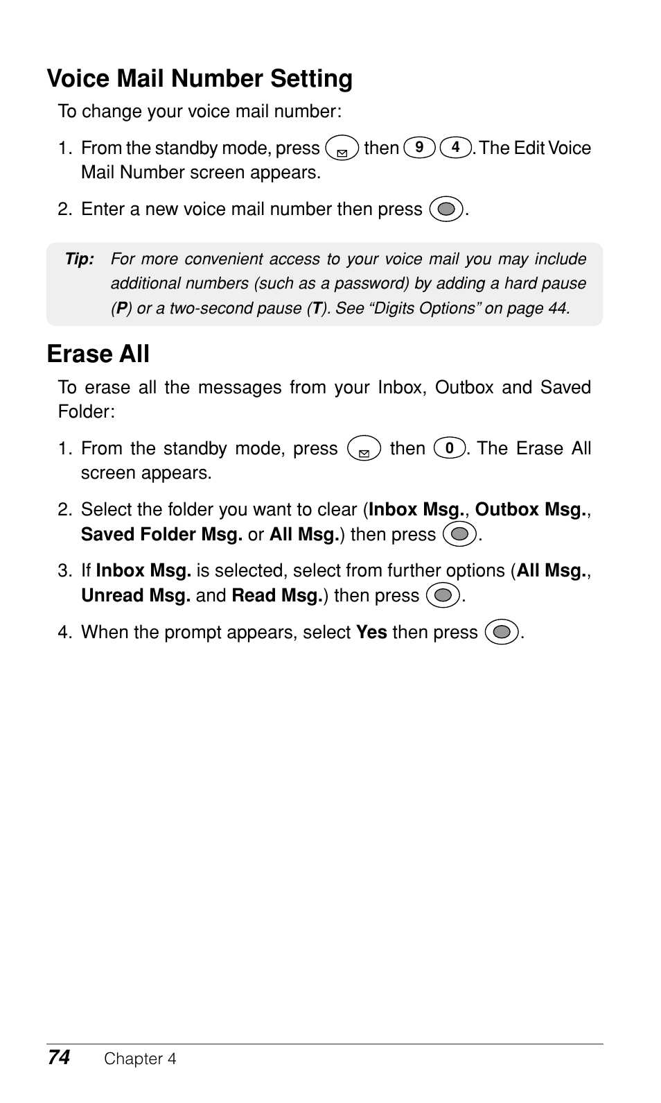 Voice mail number setting, Erase all | Audiovox CDM-9900 User Manual | Page 76 / 162