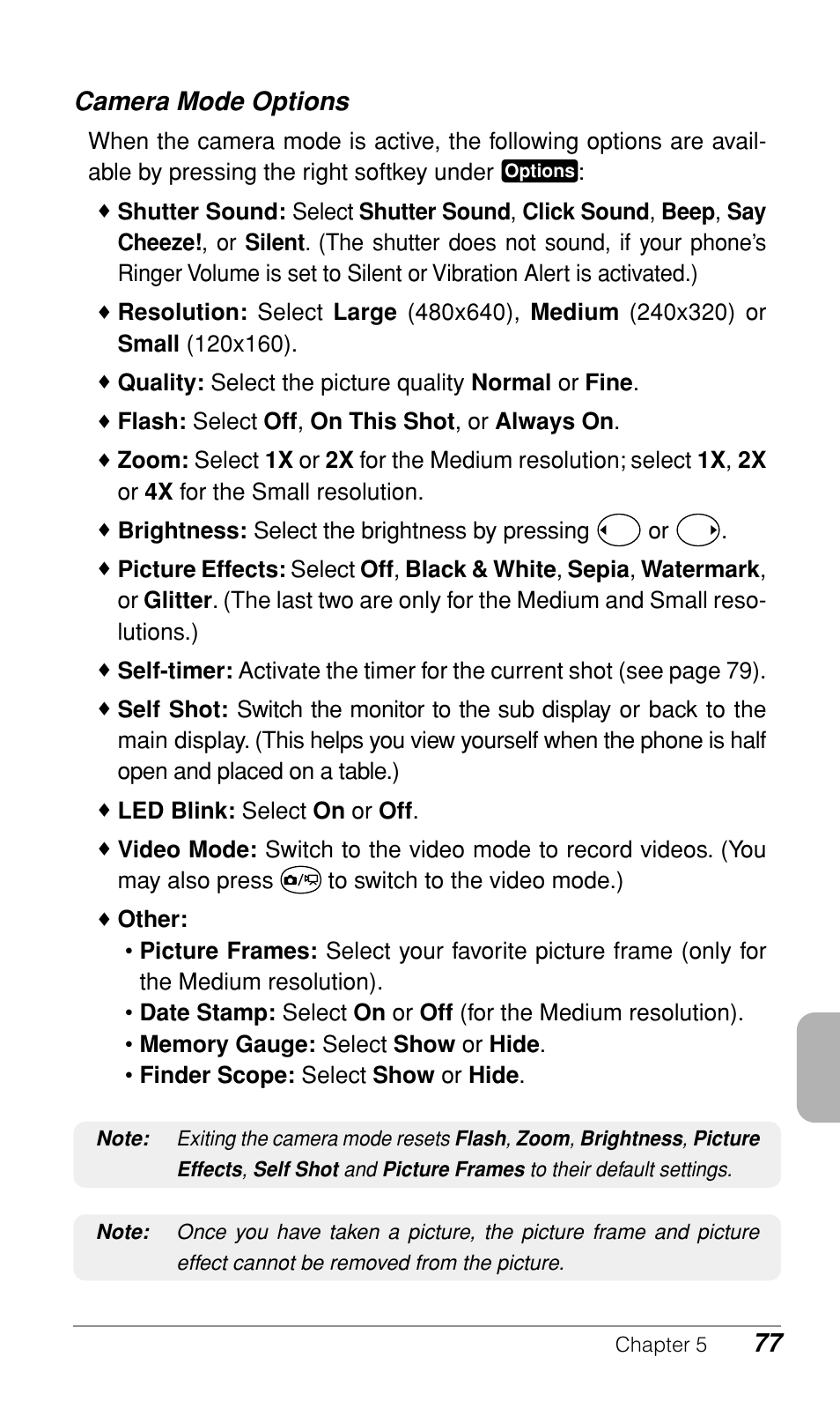 Camera mode options | Audiovox CDM-9900 User Manual | Page 79 / 162