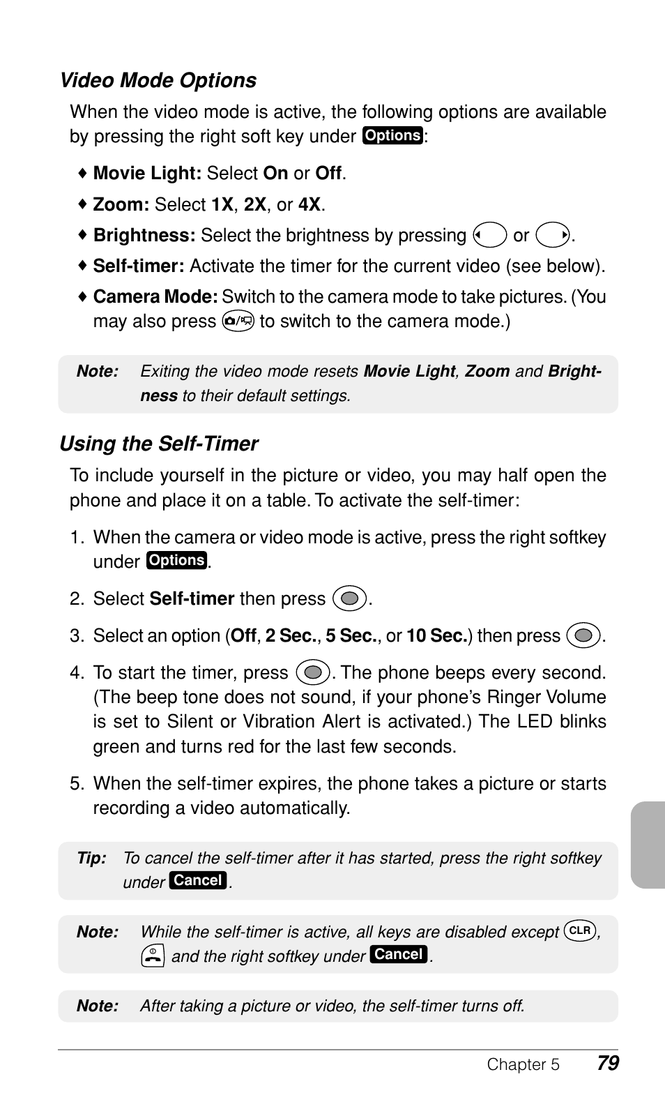 Video mode options, Using the self-timer | Audiovox CDM-9900 User Manual | Page 81 / 162