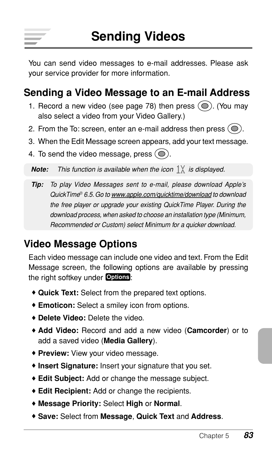 Sending videos, Sending a video message to an e-mail address, Video message options | Audiovox CDM-9900 User Manual | Page 85 / 162