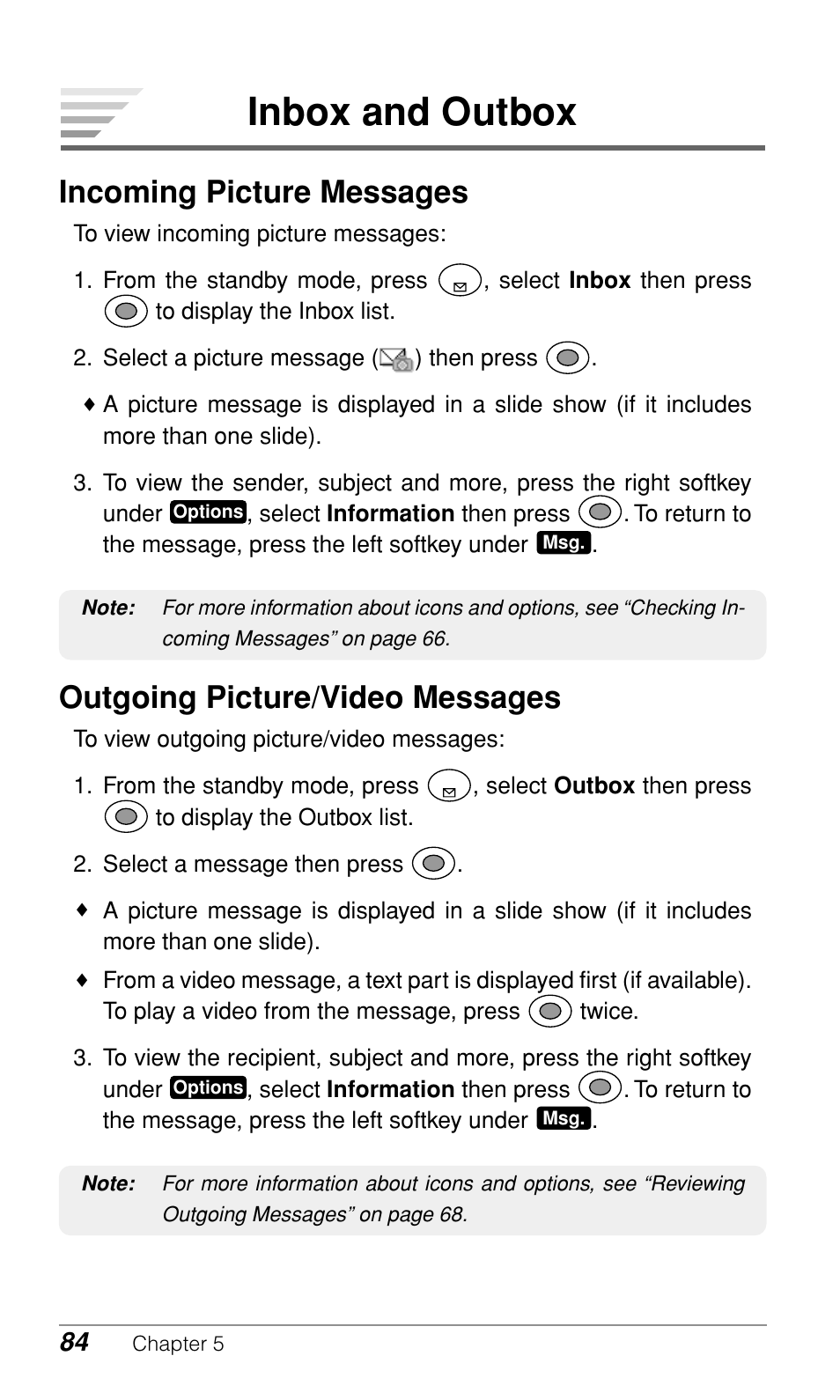 Inbox and outbox, Incoming picture messages, Outgoing picture/video messages | Audiovox CDM-9900 User Manual | Page 86 / 162