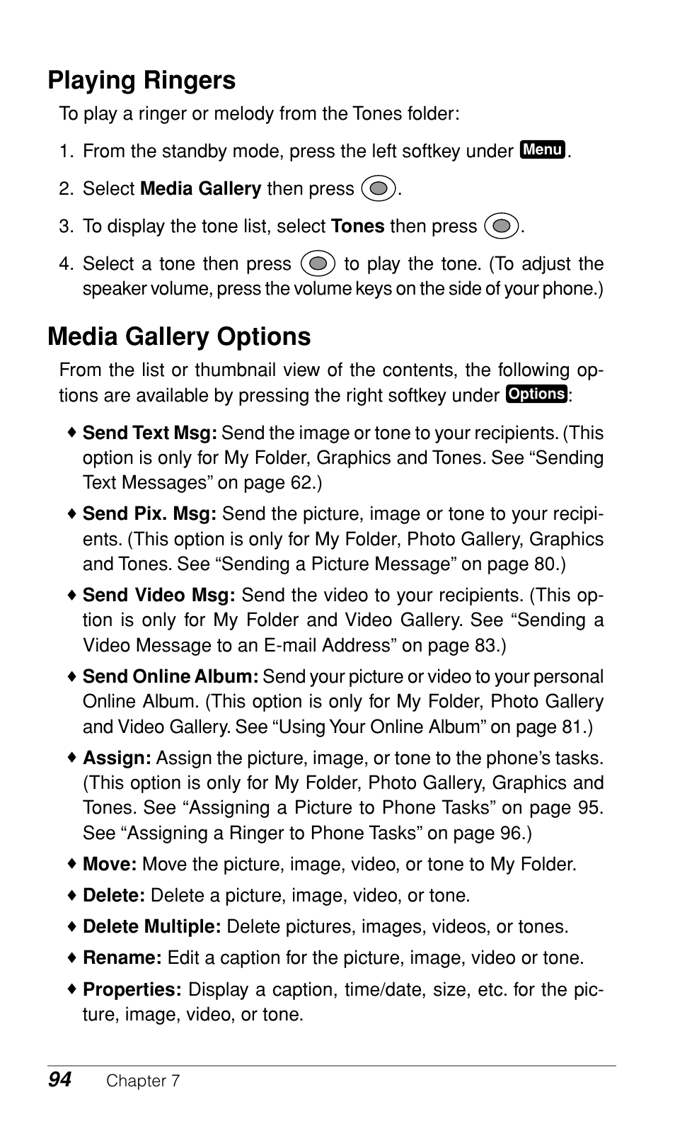 Playing ringers, Media gallery options | Audiovox CDM-9900 User Manual | Page 96 / 162