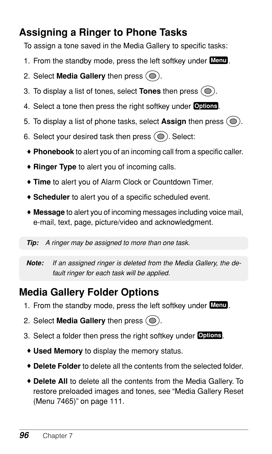 Assigning a ringer to phone tasks, Media gallery folder options | Audiovox CDM-9900 User Manual | Page 98 / 162