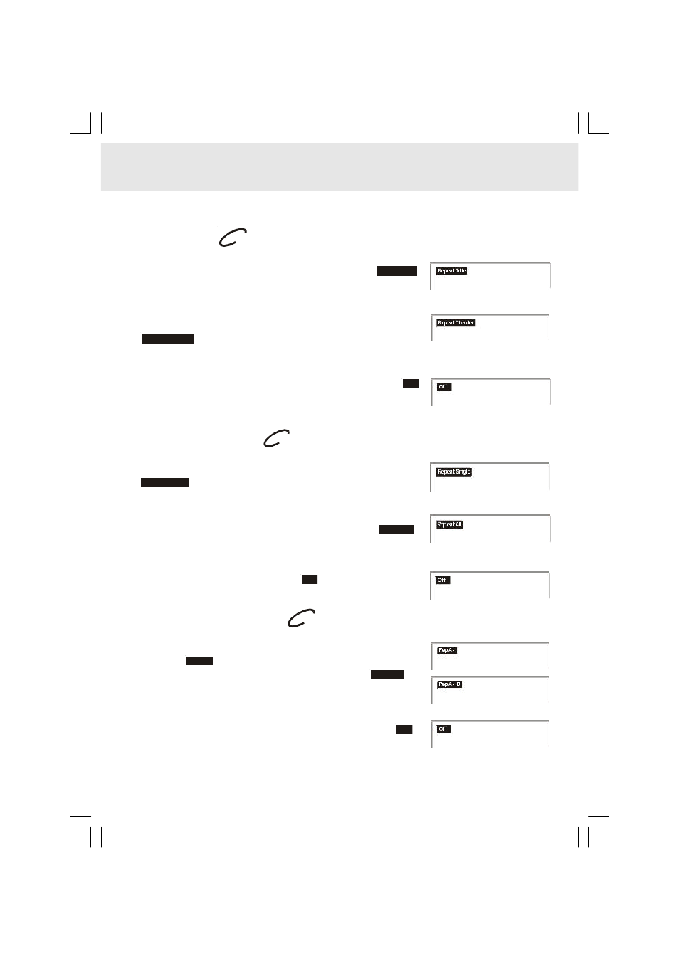 Repeat playback, Repeating a title, Repeating a chapter | Repeating a single track, Repeating a whole disc | Audiovox DVD Home Theatre System CD-R/RW CD Playback User Manual | Page 26 / 40