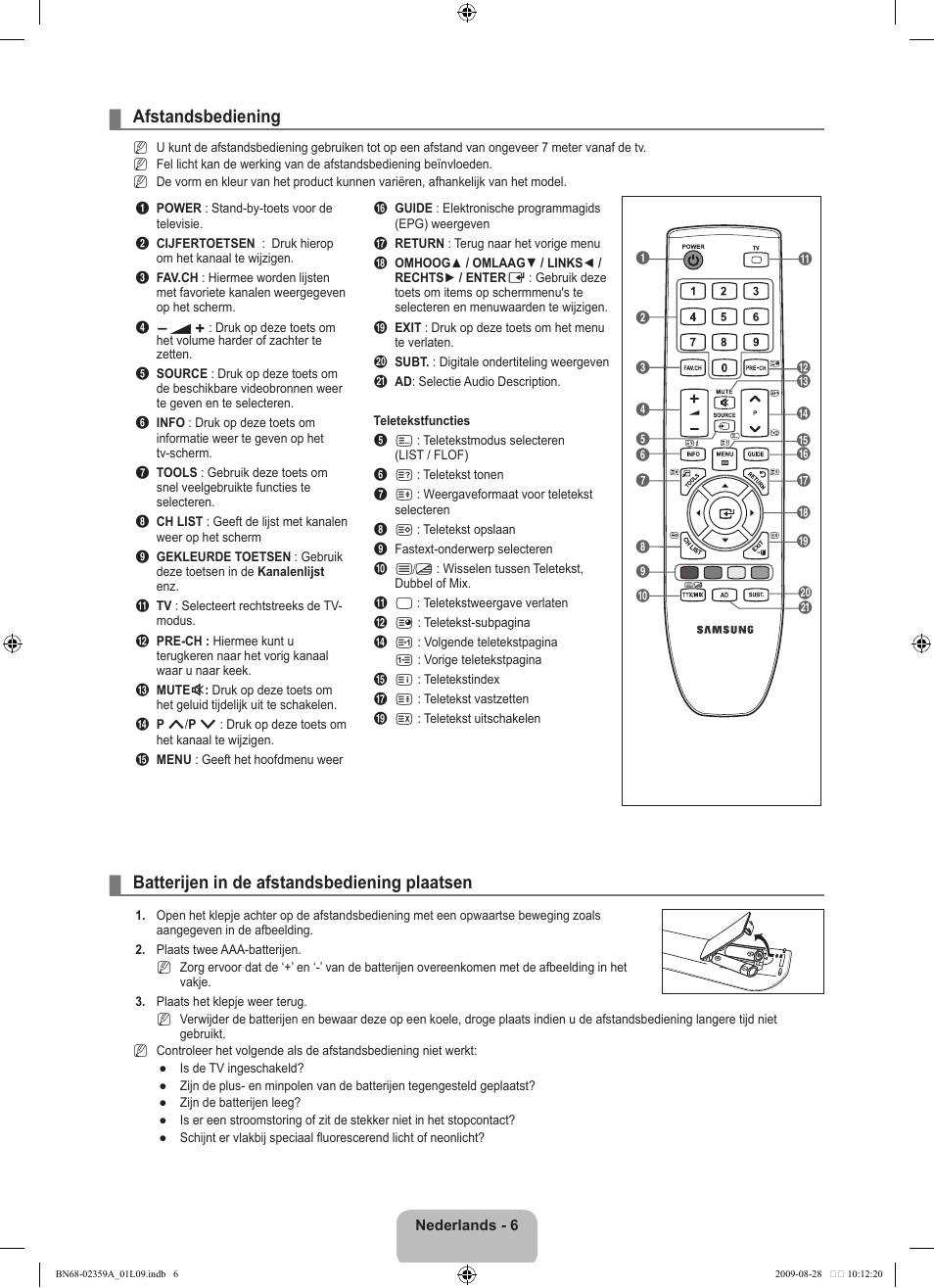 Afstandsbediening, Batterijen in de afstandsbediening plaatsen | Samsung LE19B450C4W User Manual | Page 110 / 318