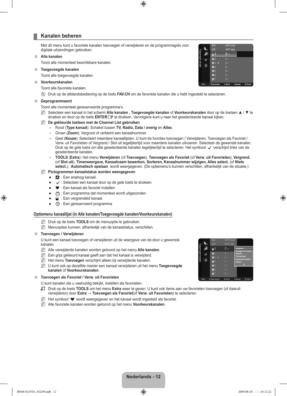 Kanalen beheren, Nederlands - 12 | Samsung LE19B450C4W User Manual | Page 116 / 318