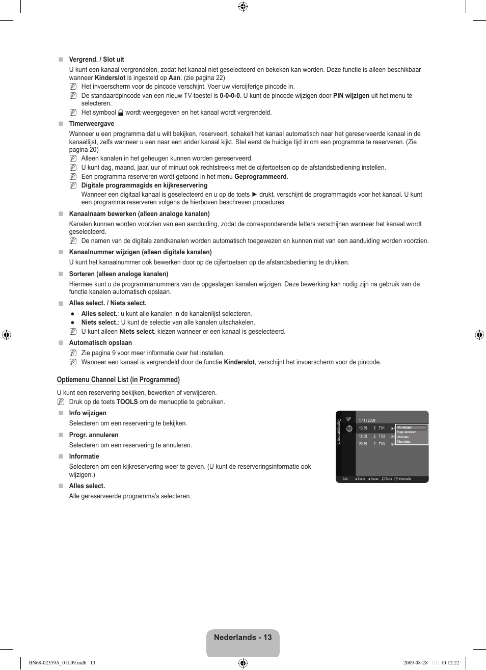 Nederlands - 13, Optiemenu channel list (in programmed) | Samsung LE19B450C4W User Manual | Page 117 / 318