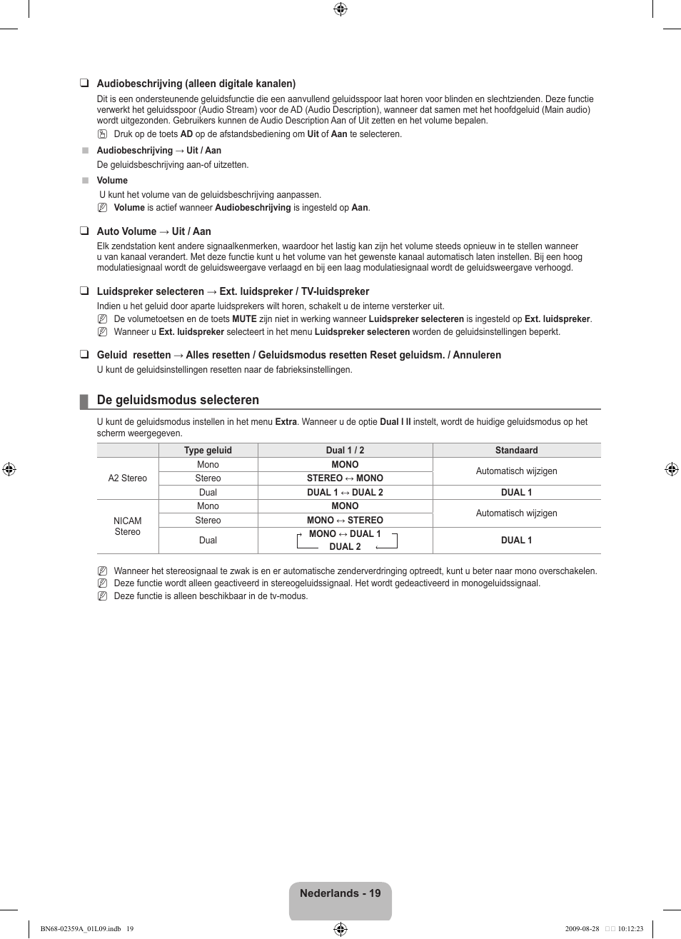 De geluidsmodus selecteren | Samsung LE19B450C4W User Manual | Page 123 / 318