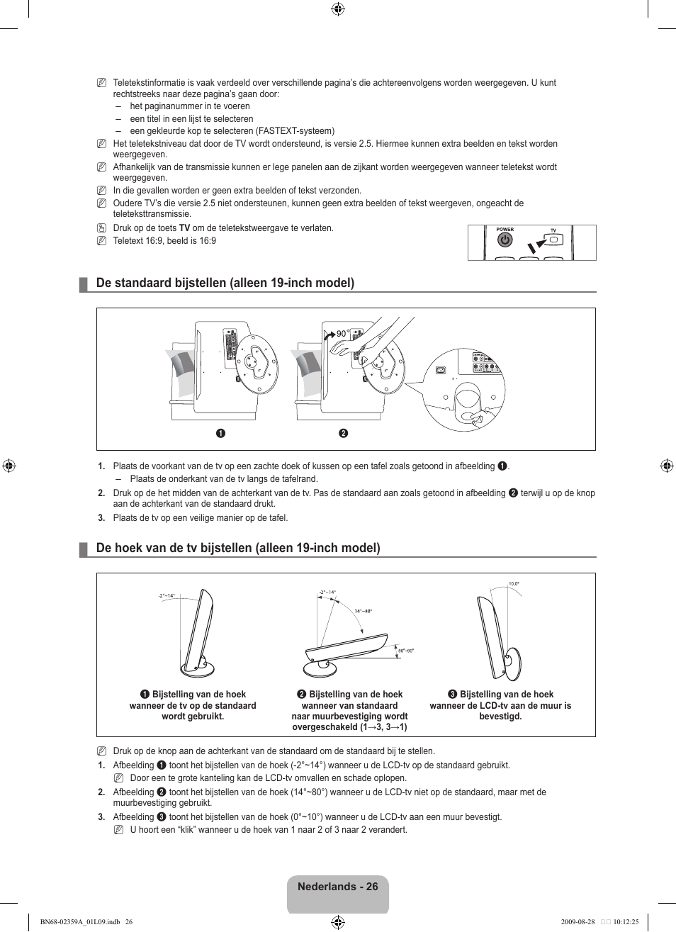 De standaard bijstellen (alleen 19-inch model) | Samsung LE19B450C4W User Manual | Page 130 / 318