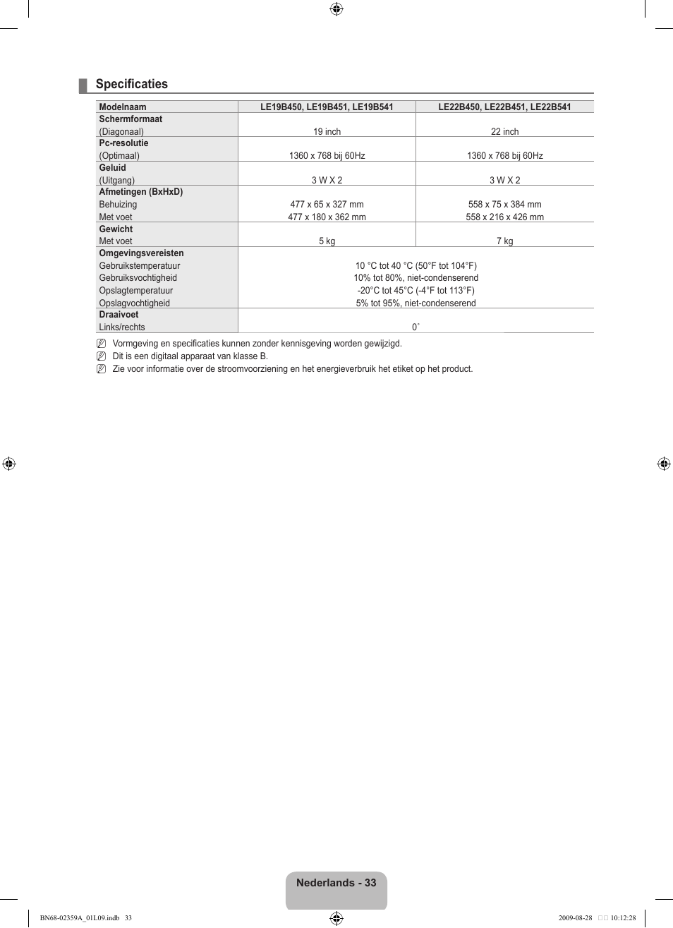 Specificaties | Samsung LE19B450C4W User Manual | Page 137 / 318