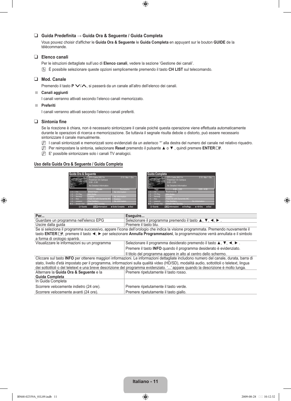 Elenco canali, Mod. canale, Sintonia fine | Uso della guida ora & seguente / guida completa | Samsung LE19B450C4W User Manual | Page 149 / 318
