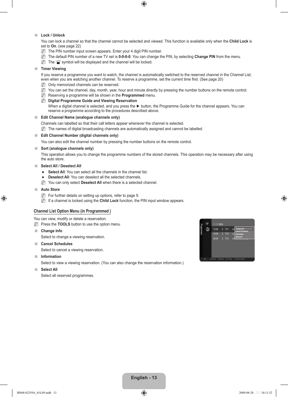 English - 13, Channel list option menu (in programmed ) | Samsung LE19B450C4W User Manual | Page 15 / 318