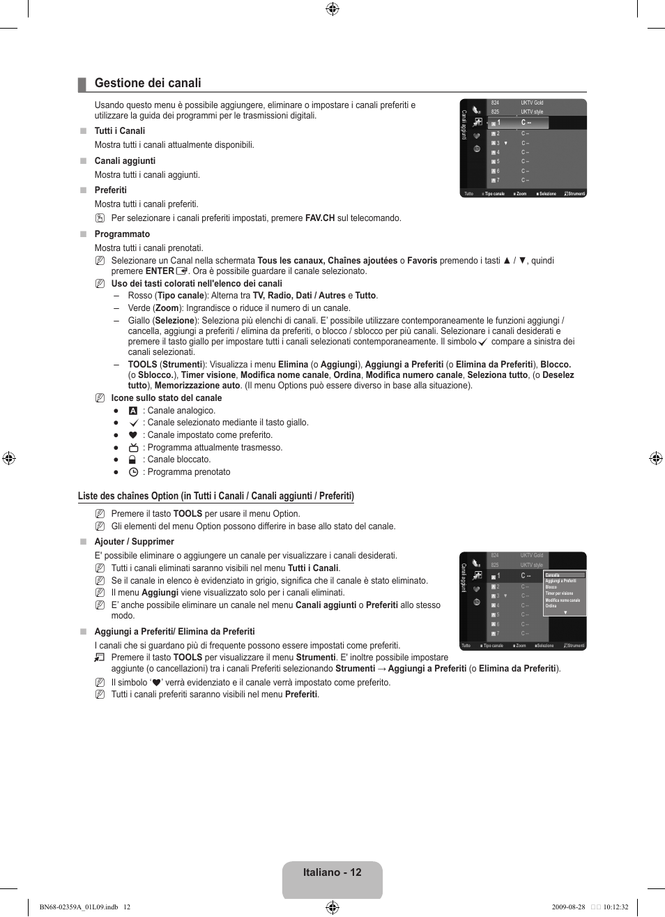Gestione dei canali, Italiano - 12 | Samsung LE19B450C4W User Manual | Page 150 / 318