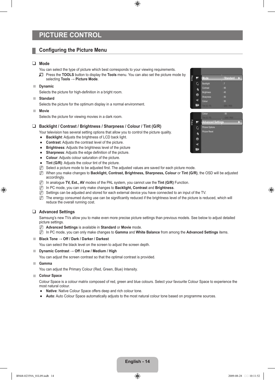 Picture control, Configuring the picture menu | Samsung LE19B450C4W User Manual | Page 16 / 318