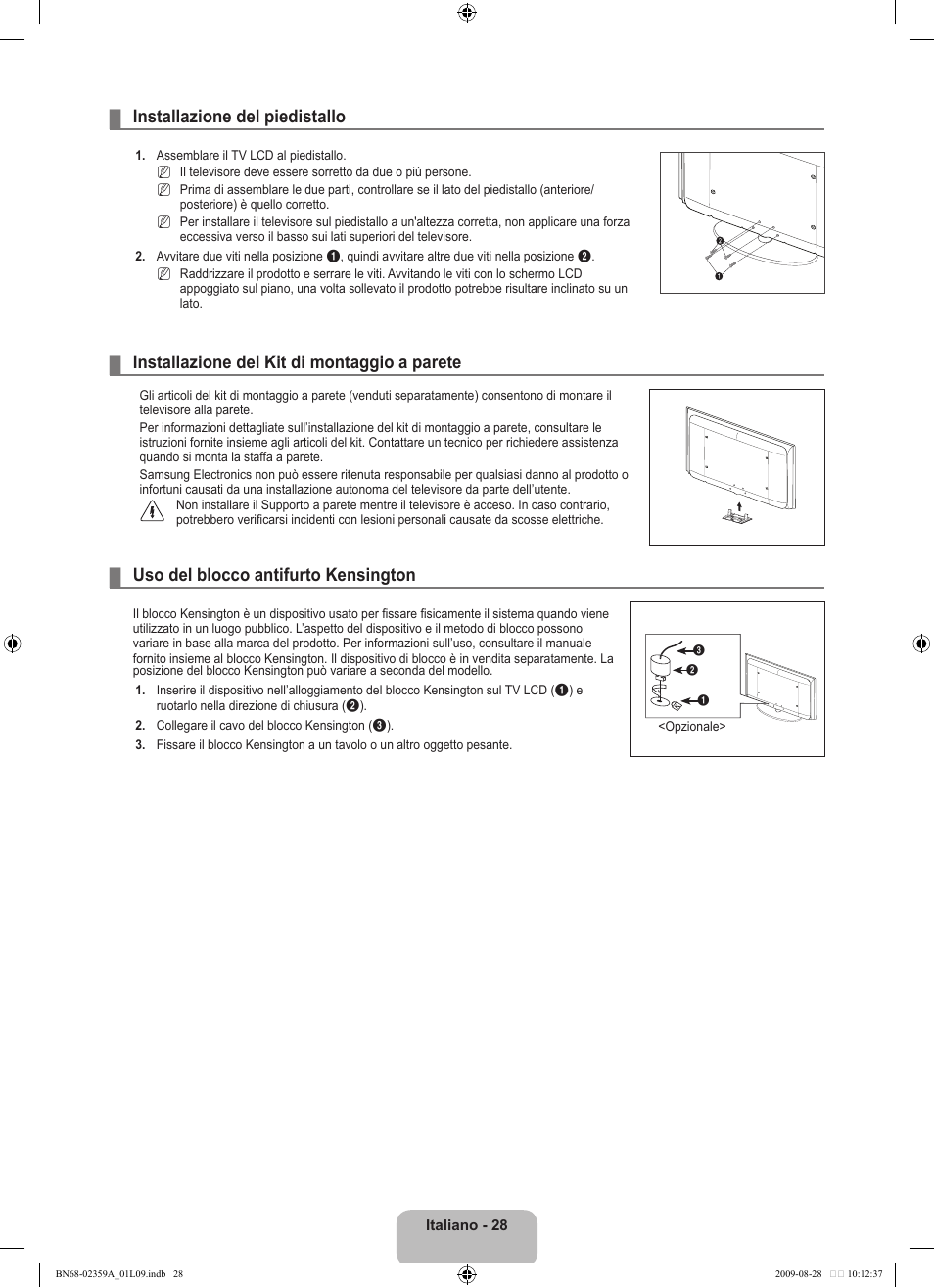 Installazione del piedistallo, Installazione del kit di montaggio a parete, Uso del blocco antifurto kensington | Samsung LE19B450C4W User Manual | Page 166 / 318