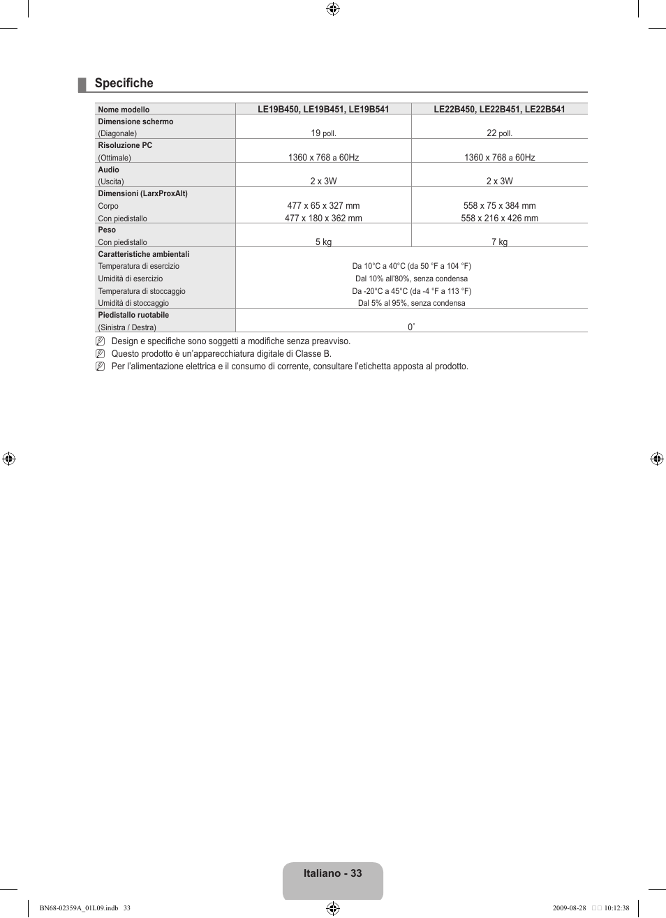 Specifiche | Samsung LE19B450C4W User Manual | Page 171 / 318