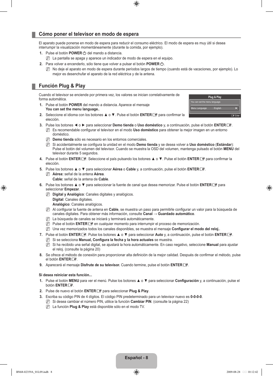 Cómo poner el televisor en modo de espera, Función plug & play | Samsung LE19B450C4W User Manual | Page 182 / 318