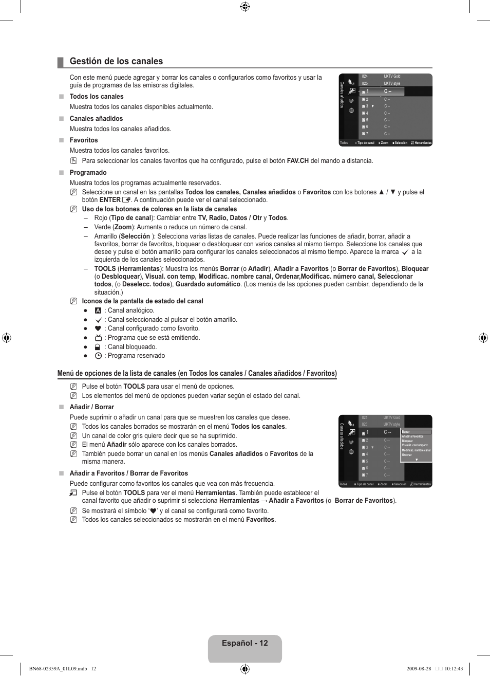 Gestión de los canales, Español - 12 | Samsung LE19B450C4W User Manual | Page 186 / 318