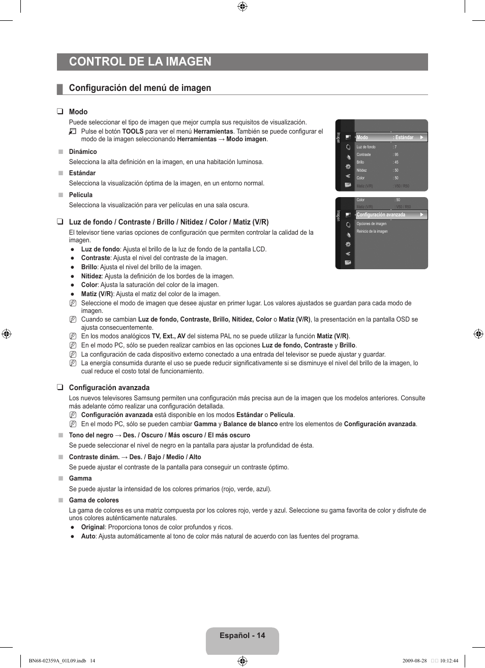 Control de la imagen, Configuración del menú de imagen | Samsung LE19B450C4W User Manual | Page 188 / 318