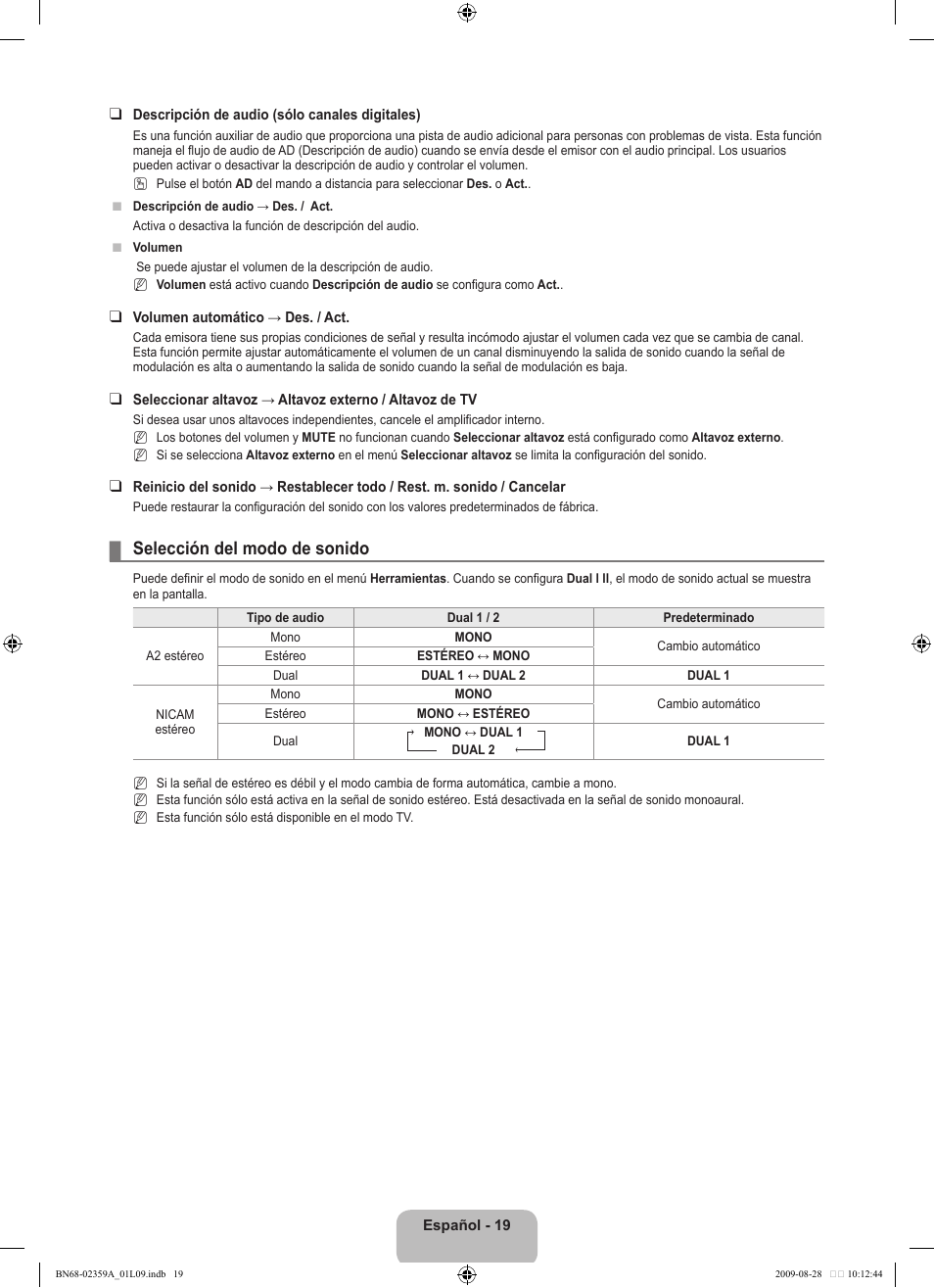 Selección del modo de sonido | Samsung LE19B450C4W User Manual | Page 193 / 318