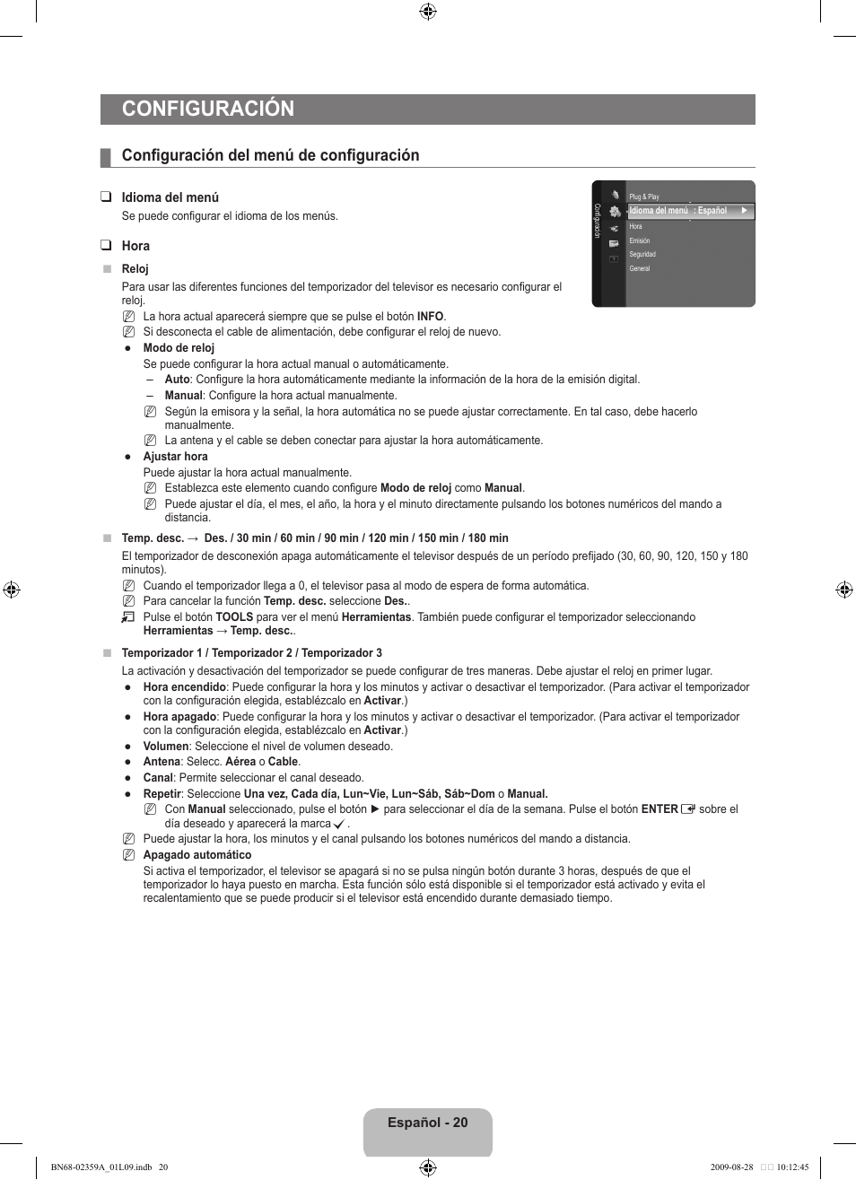 Configuración, Configuración del menú de configuración | Samsung LE19B450C4W User Manual | Page 194 / 318