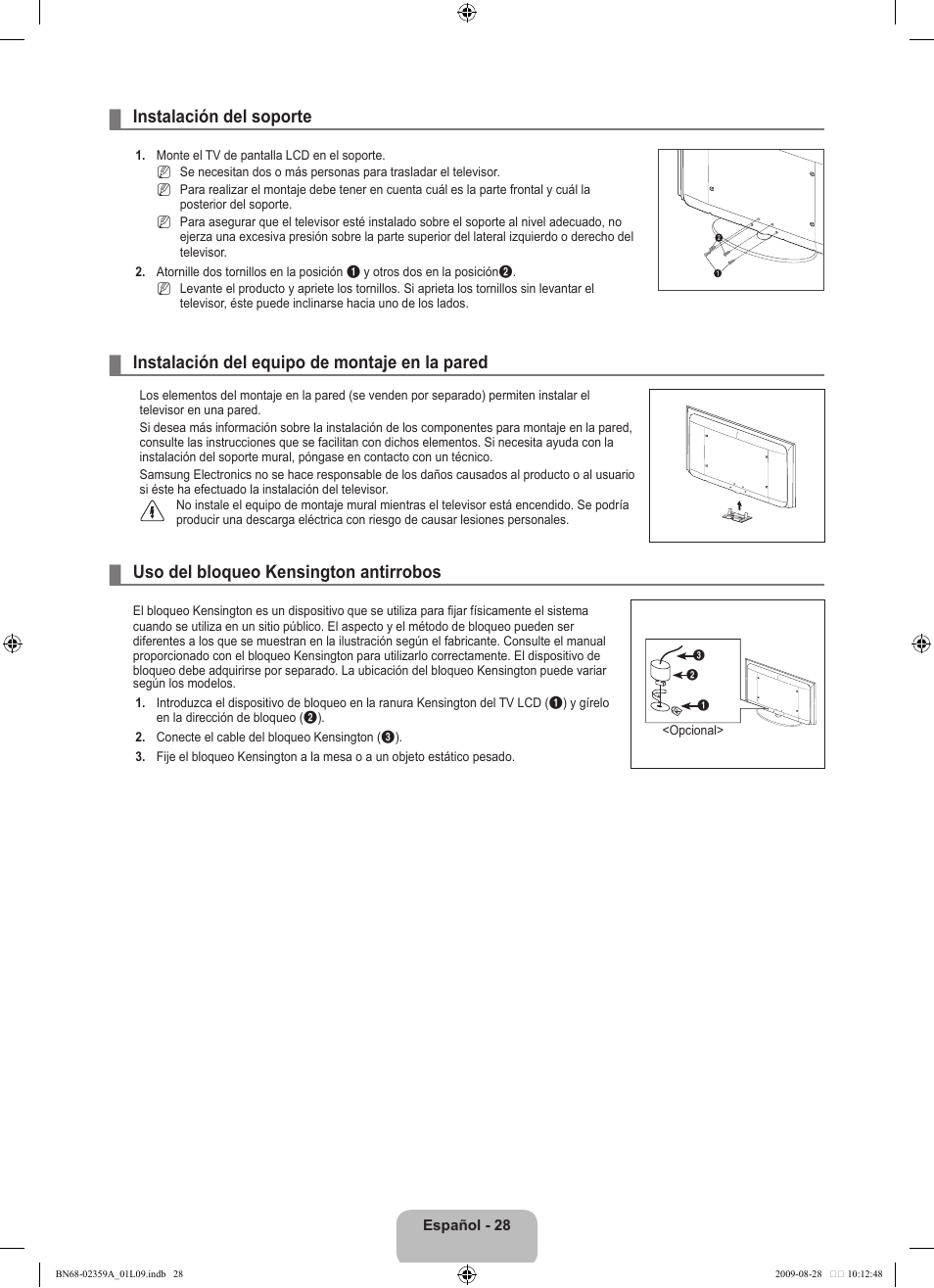 Instalación del soporte, Instalación del equipo de montaje en la pared, Uso del bloqueo kensington antirrobos | Samsung LE19B450C4W User Manual | Page 202 / 318