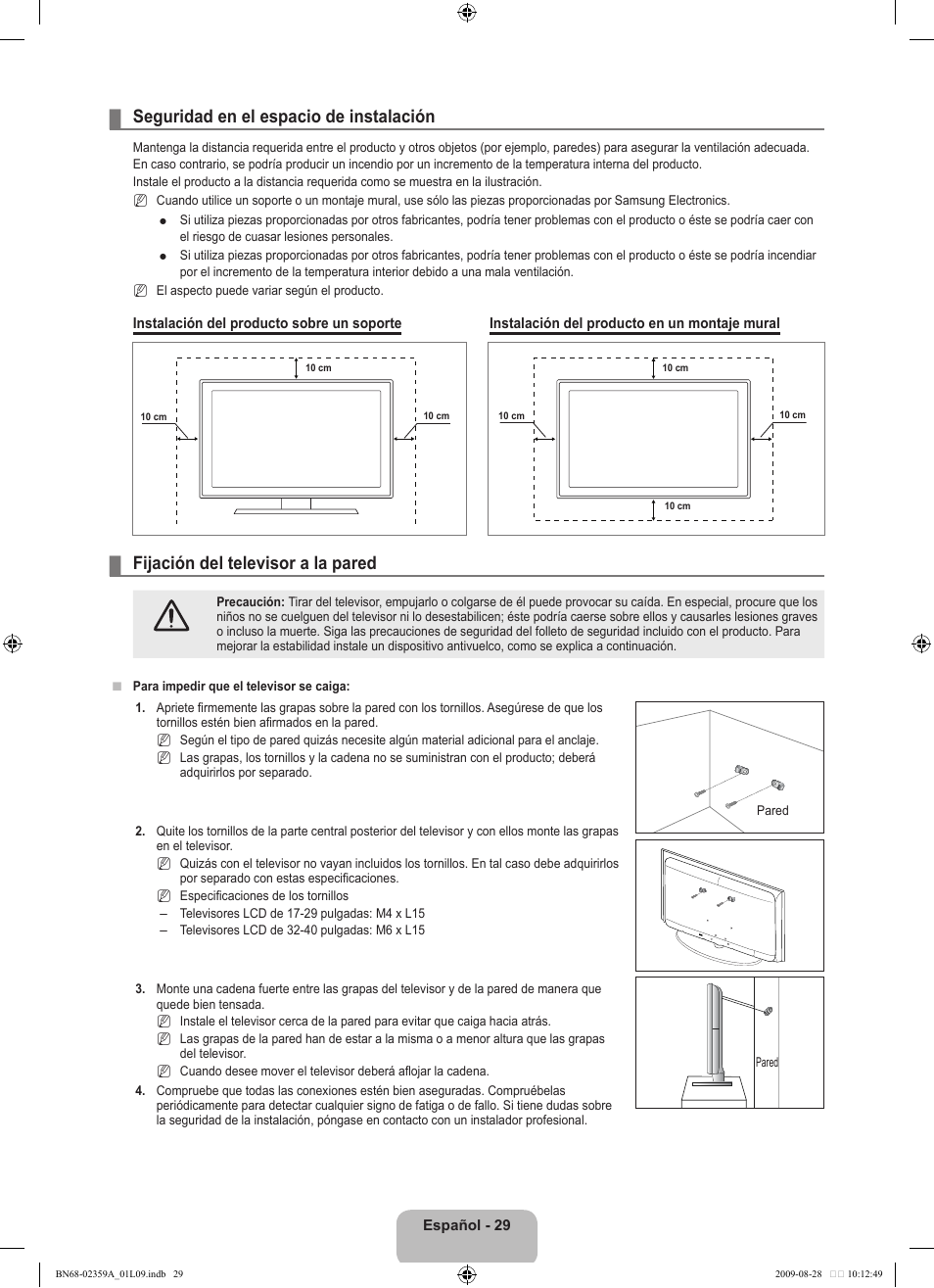 Seguridad en el espacio de instalación, Fijación del televisor a la pared | Samsung LE19B450C4W User Manual | Page 203 / 318