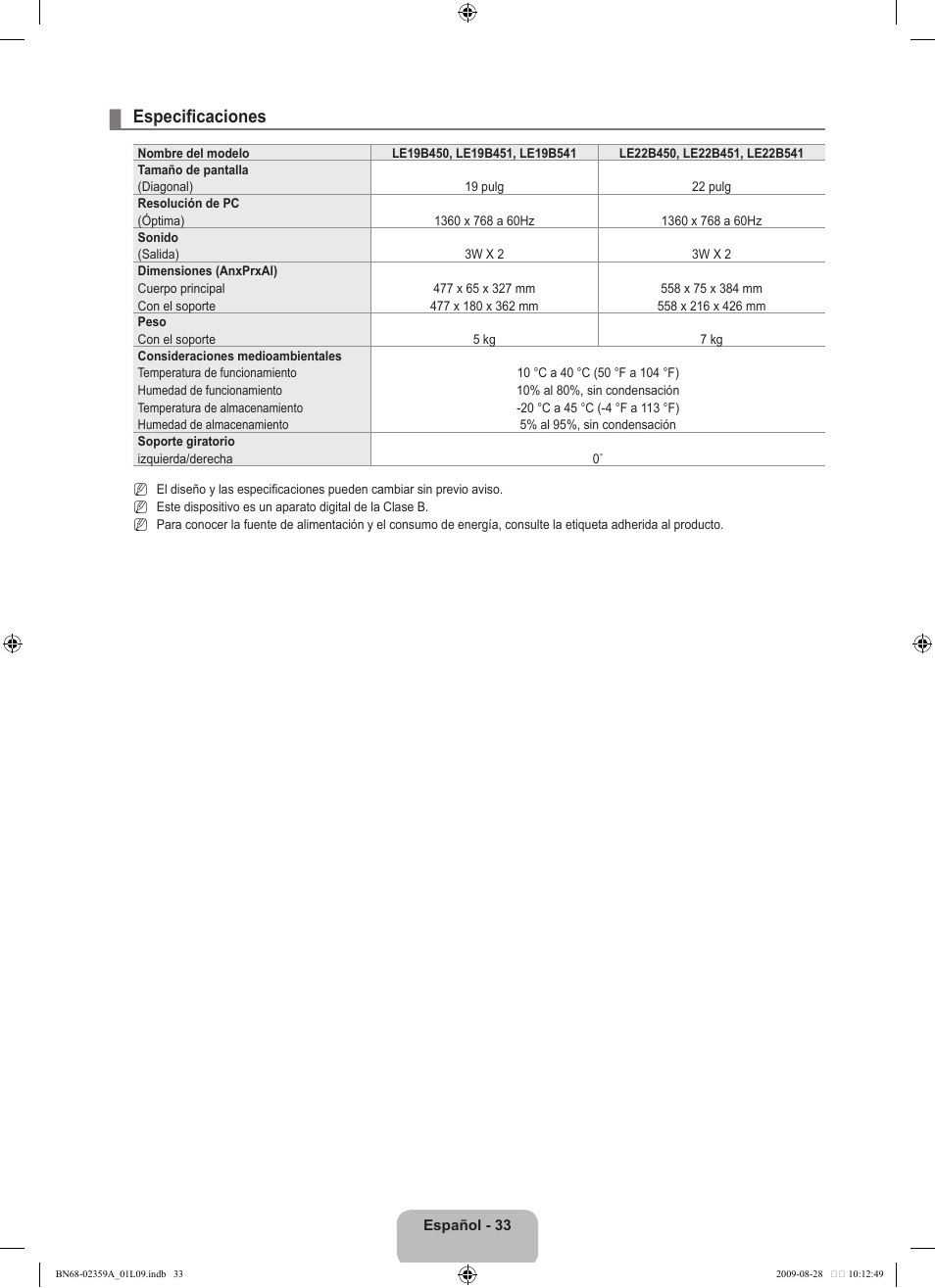 Especificaciones | Samsung LE19B450C4W User Manual | Page 207 / 318