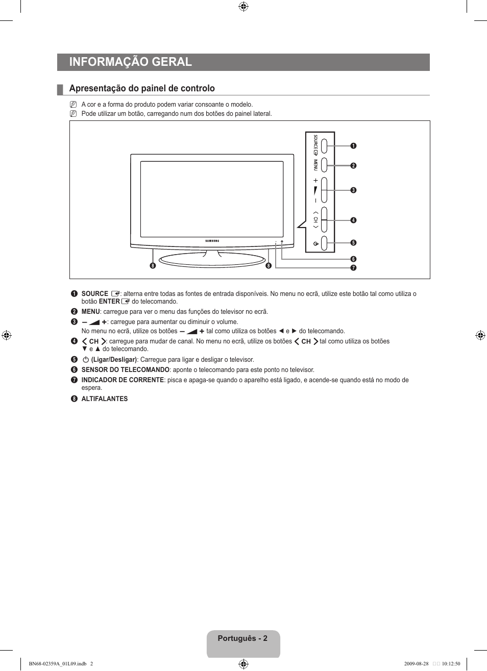Informação geral, Apresentação do painel de controlo | Samsung LE19B450C4W User Manual | Page 210 / 318