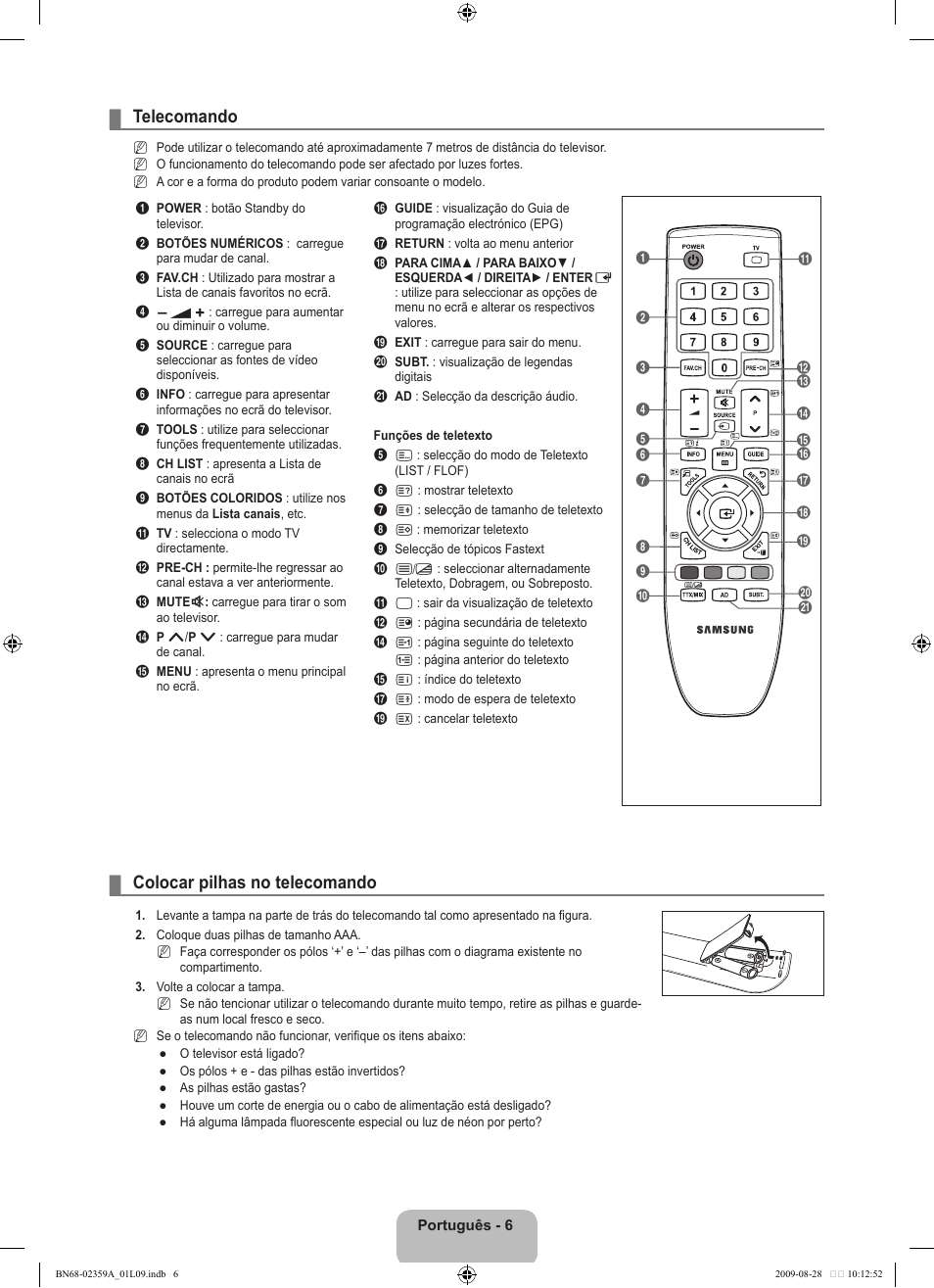 Telecomando, Colocar pilhas no telecomando | Samsung LE19B450C4W User Manual | Page 214 / 318