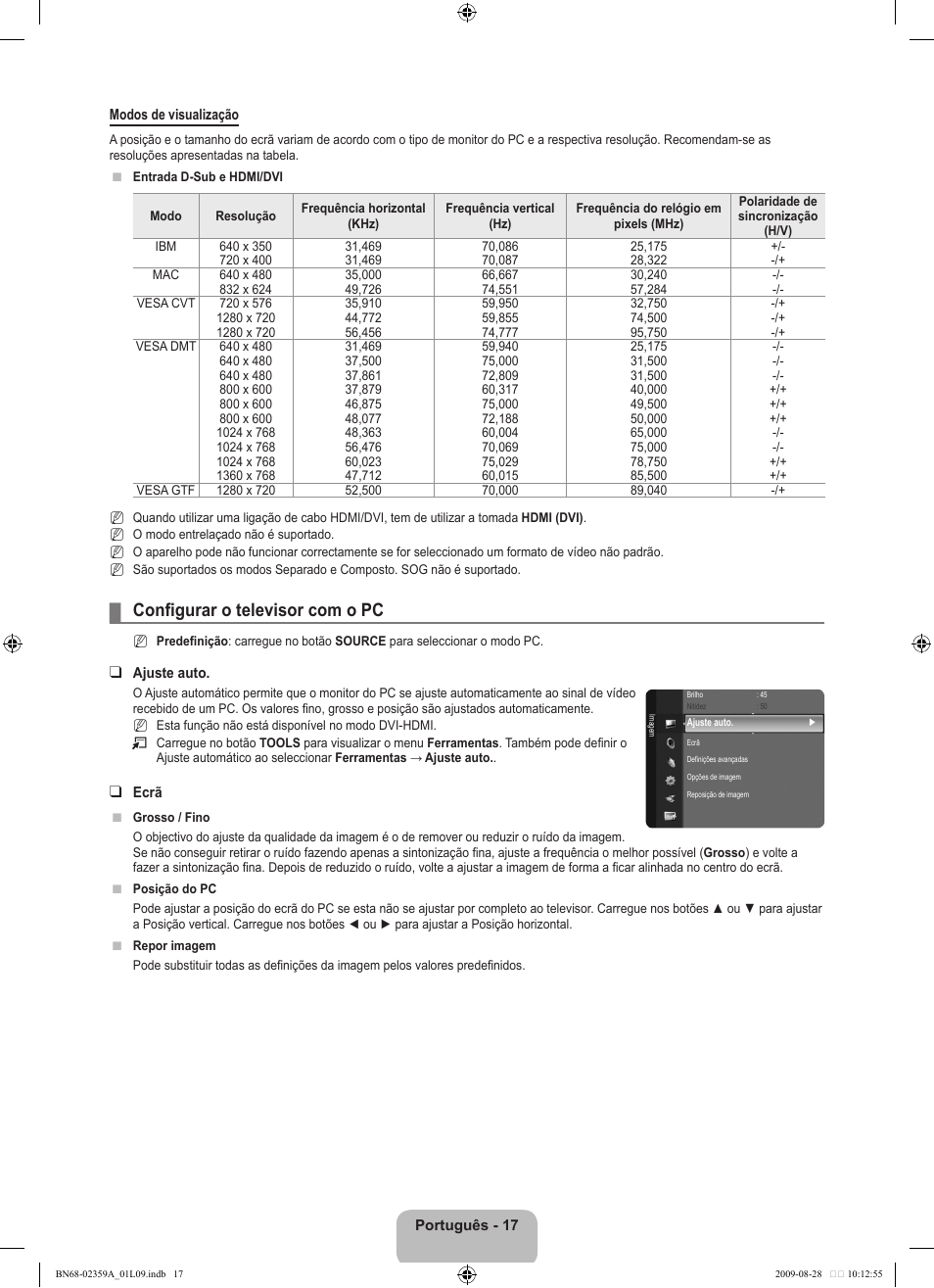 Configurar o televisor com o pc | Samsung LE19B450C4W User Manual | Page 225 / 318