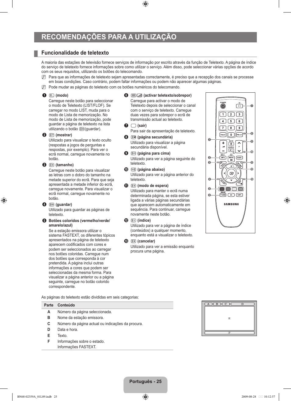 Recomendações para a utilização, Funcionalidade de teletexto | Samsung LE19B450C4W User Manual | Page 233 / 318