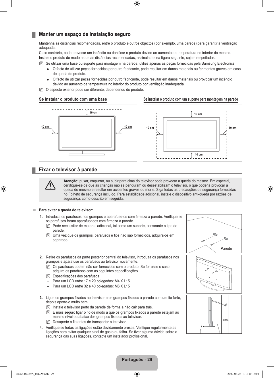 Manter um espaço de instalação seguro, Fixar o televisor à parede | Samsung LE19B450C4W User Manual | Page 237 / 318