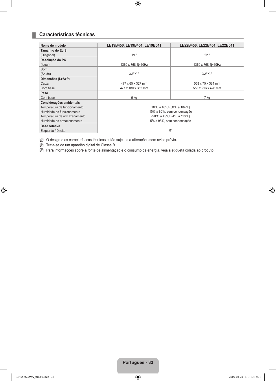 Características técnicas | Samsung LE19B450C4W User Manual | Page 241 / 318