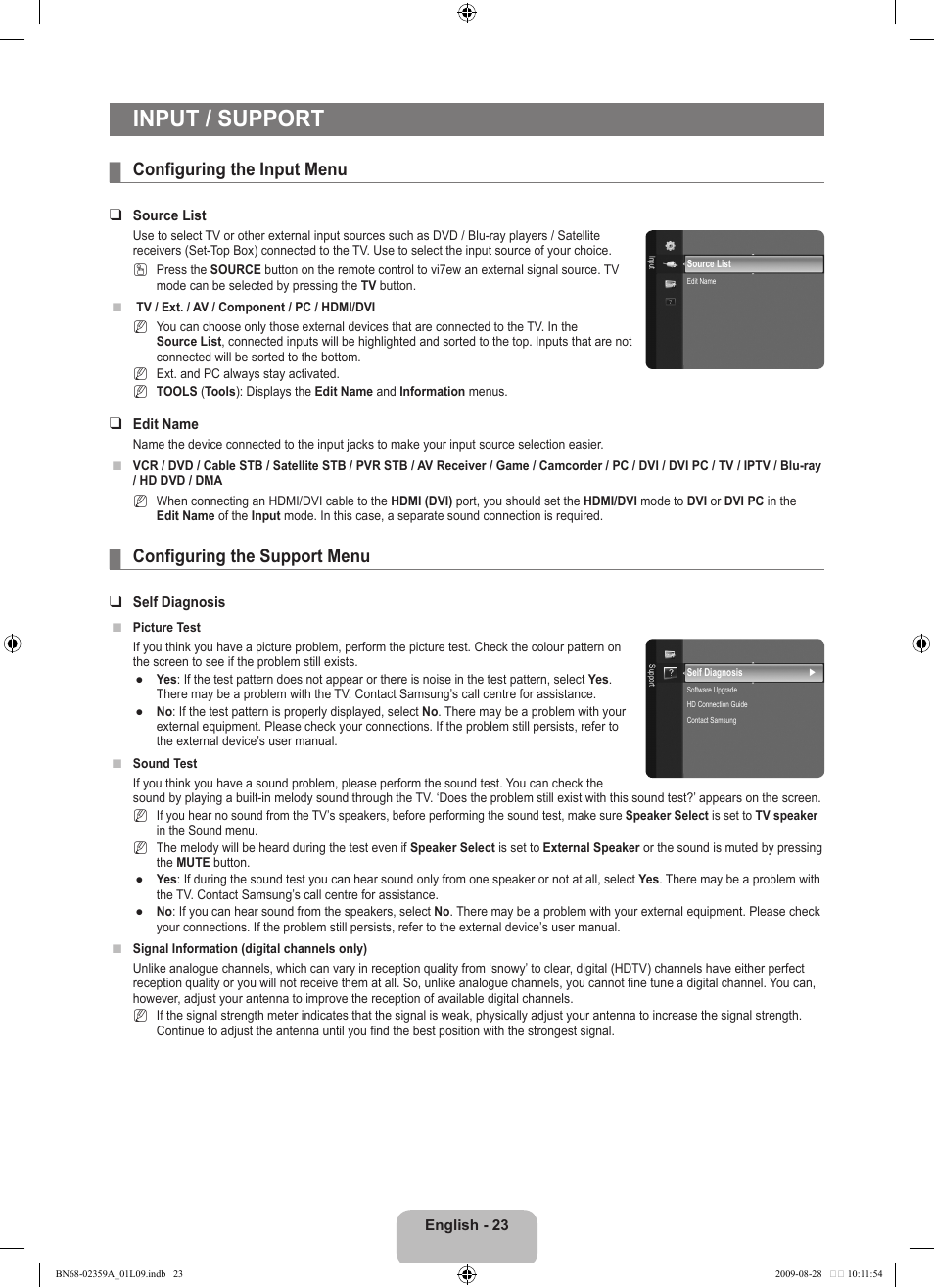 Input / support, Configuring the input menu, Configuring the support menu | Samsung LE19B450C4W User Manual | Page 25 / 318