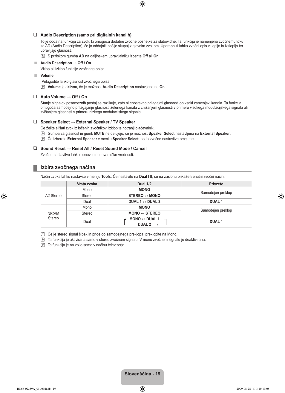 Izbira zvočnega načina | Samsung LE19B450C4W User Manual | Page 261 / 318