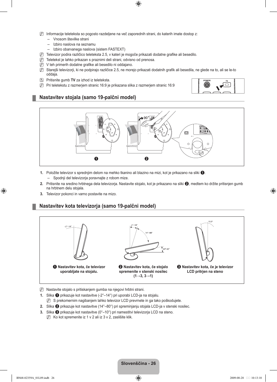 Nastavitev stojala (samo 19-palčni model), Nastavitev kota televizorja (samo 19-palčni model) | Samsung LE19B450C4W User Manual | Page 268 / 318