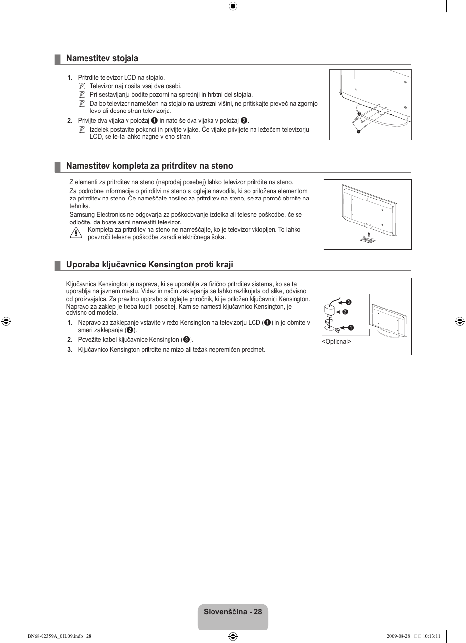 Namestitev stojala, Namestitev kompleta za pritrditev na steno, Uporaba ključavnice kensington proti kraji | Samsung LE19B450C4W User Manual | Page 270 / 318