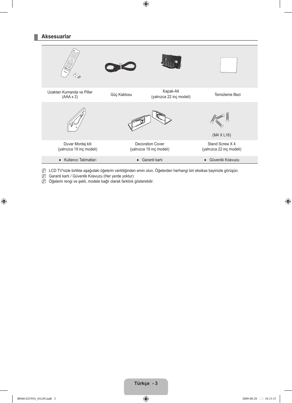 Aksesuarlar | Samsung LE19B450C4W User Manual | Page 279 / 318