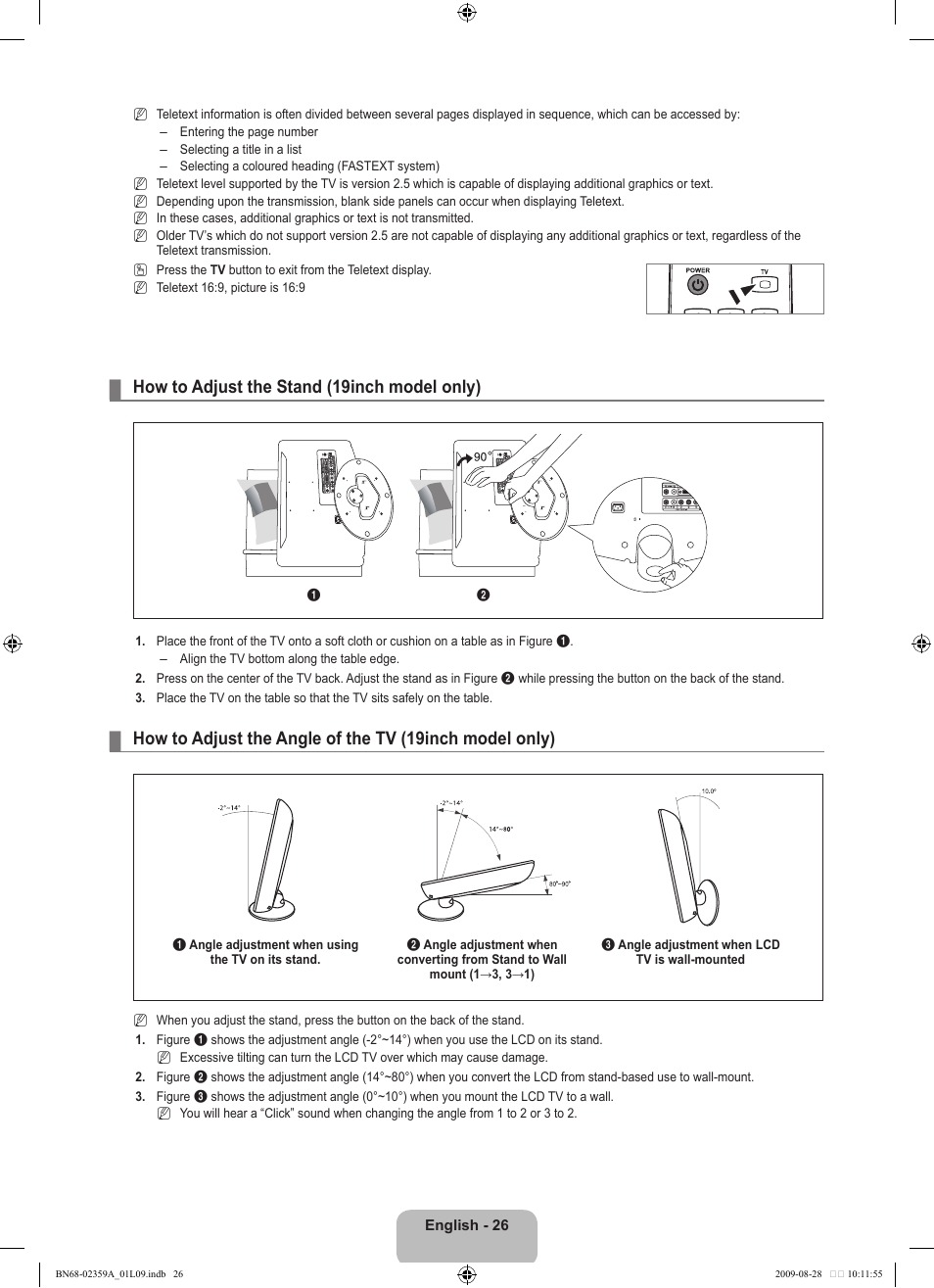 How to adjust the stand (19inch model only) | Samsung LE19B450C4W User Manual | Page 28 / 318