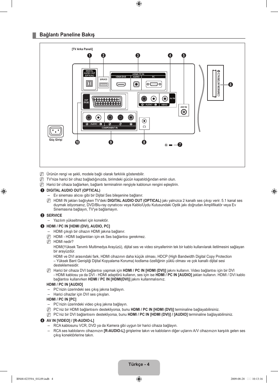 Bağlantı paneline bakış | Samsung LE19B450C4W User Manual | Page 280 / 318