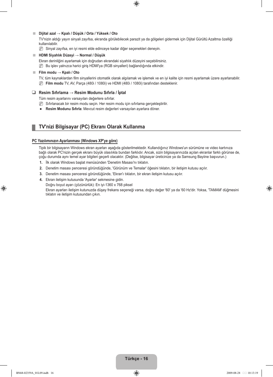 Tv'nizi bilgisayar (pc) ekranı olarak kullanma | Samsung LE19B450C4W User Manual | Page 292 / 318